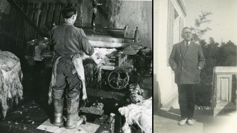 A gauche, sabreur devant sa machine, séparant la laine du cuir. A droite, Jean Cavaillé, inspecteur du travail. © D. R.